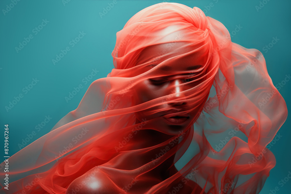 Abstract Fashion Portrait with Flowing Coral Fabric Veil Against Turquoise Background