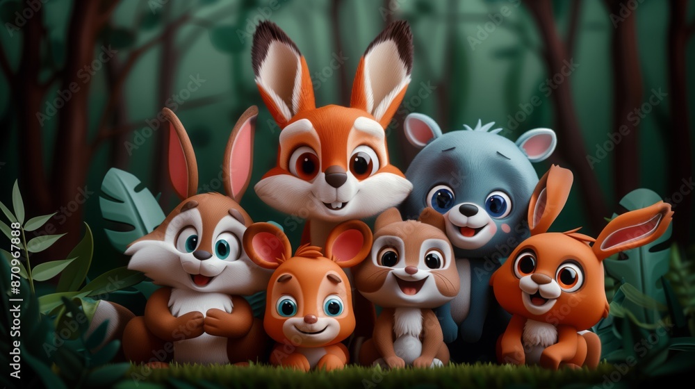 Naklejka premium A group of forest animals, including a bunny, fox, and bear, gather together for a fun afternoon