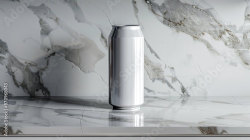 A blank soda can mockup standing upright on a sleek marble countertop, with subtle reflections and natural light highlighting its surface.
