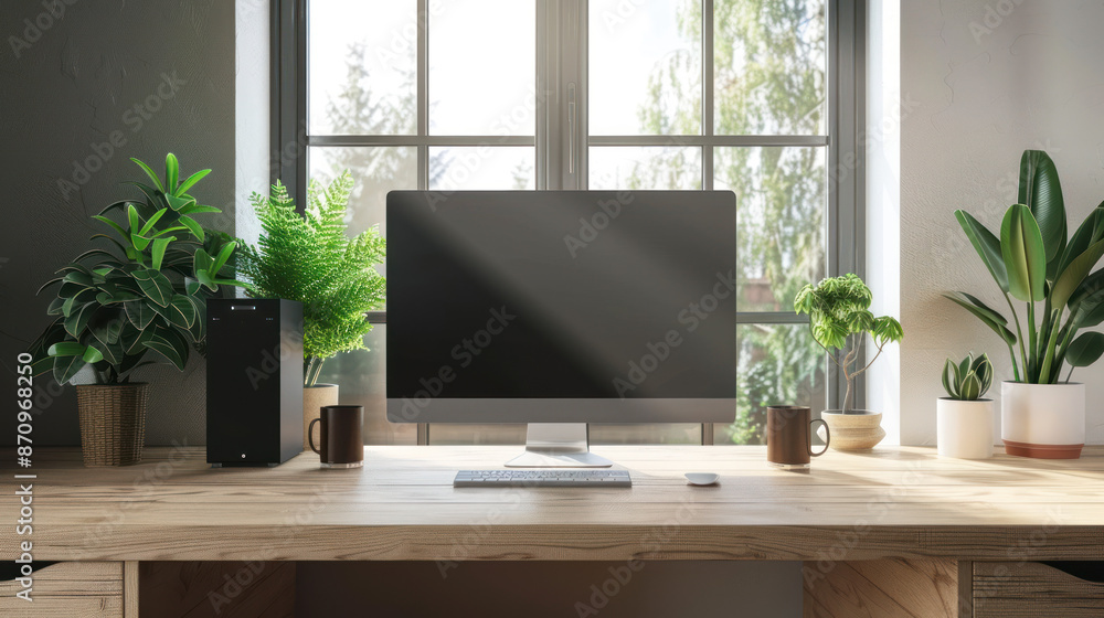 Modern home office desk setup with computer, blank screen mockup, plants, and natural light. Concept of remote work, home office, freelance, workspace Modern home office desk setup with computer, blank screen mockup, plants, and natural light. Concept of remote work, home office, freelance, workspace