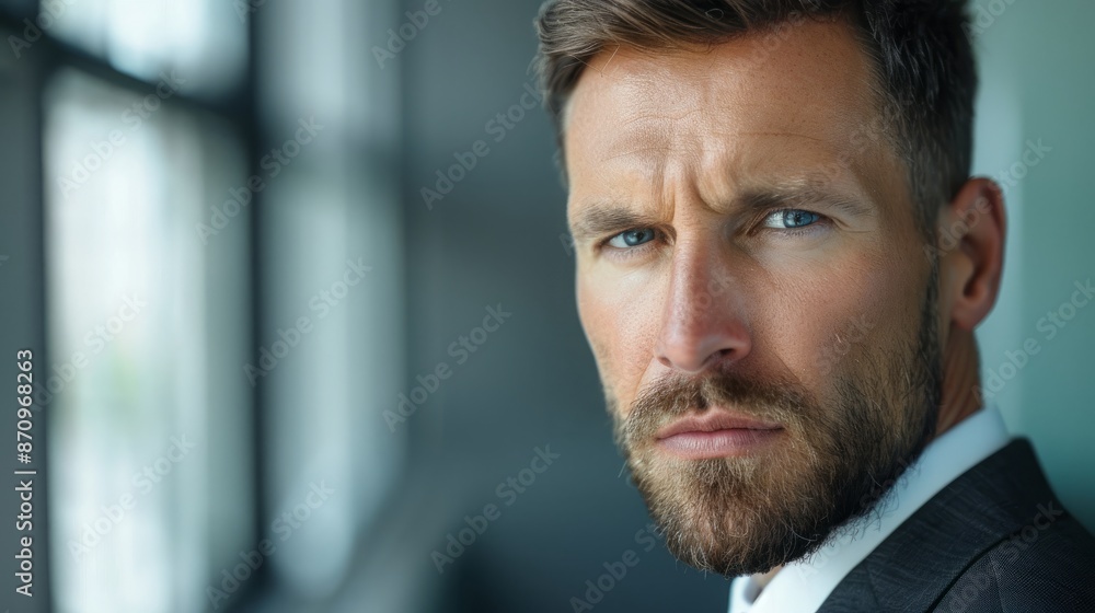 Headshot of serious businessman with attentive expression Headshot of serious businessman with attentive expression