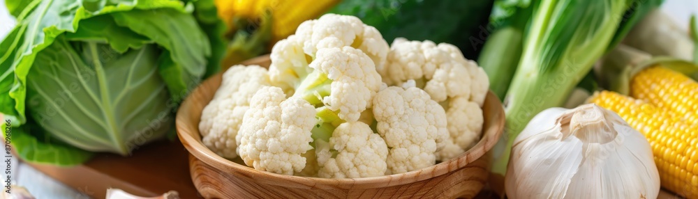 Fresh vegetables including cauliflower, garlic, cabbage, and corn displayed on a wooden surface in a close-up view. Fresh vegetables including cauliflower, garlic, cabbage, and corn displayed on a wooden surface in a close-up view.