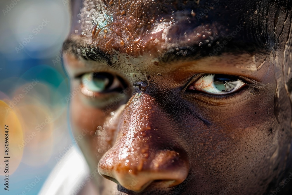 Close-Up of Determined Judo Athlete's Face with Sweat and Olympic Rings Background for Sports Inspiration Close-Up of Determined Judo Athlete's Face with Sweat and Olympic Rings Background for Sports Inspiration