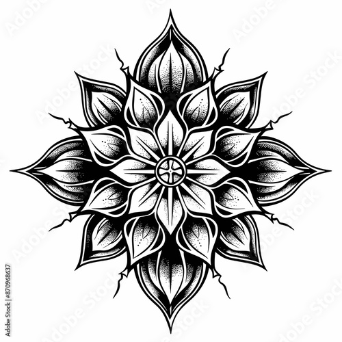 A black and white drawing of a flower with a cross in the center. The drawing has a very intricate and detailed look to it, with the flower