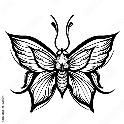 A black and white drawing of a butterfly with a black head and black wings. The butterfly is drawn in a very stylized way, with a lot of detail and emphasis on the wings
