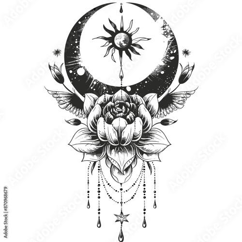 A flower with a moon and sun above it