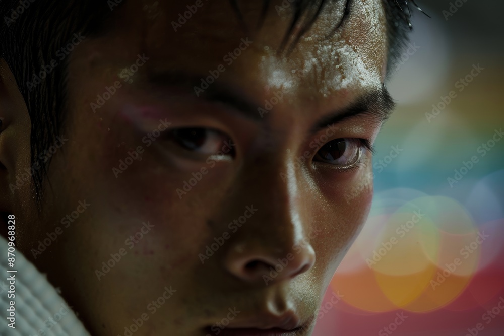 Close-Up of a Determined Judo Athlete's Intense Focus with Sweat Beads and Olympic Rings in Background Close-Up of a Determined Judo Athlete's Intense Focus with Sweat Beads and Olympic Rings in Background