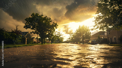 cielo con tormenta inundado en las calles de la ciudad afuera de las casas desastre natural por el cambio climatico photo