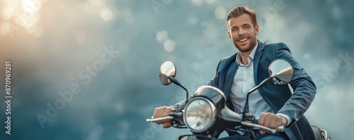 A confident man rides his motorcycle amidst a nature backdrop, symbolizing freedom, adventure, and a relaxed lifestyle, blending elegance with an unrestrained connection to nature. photo