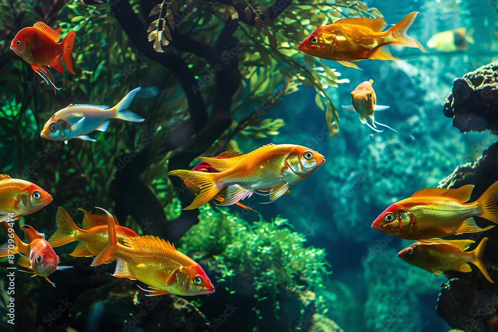 Fototapeta premium A lively group of goldfish swimming in a well-lit aquarium, filled with plants and rocks, showcasing their vibrant colors.