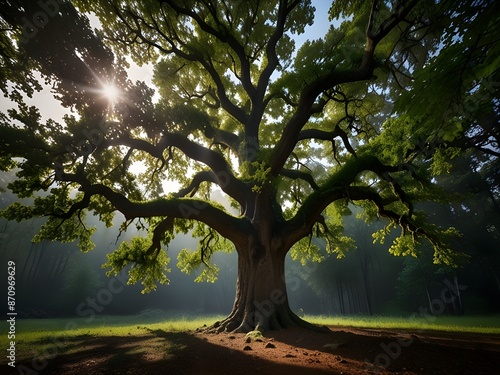 A large oak tree that grows in the forest