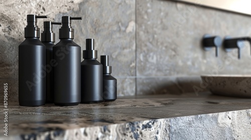 A minimalist bathroom setting with black cosmetic bottles neatly arranged on a stone countertop. The matte texture of the bottles contrasts elegantly with the smooth, cool surface of the stone.