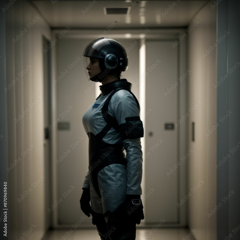 A woman dressed in a futuristic suit with a helmet. A woman dressed in a futuristic suit with a helmet.