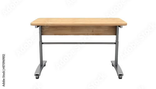 Modern wooden office desk with metal frame, isolated on white background. Ideal for workspace, home office, or study room setup.