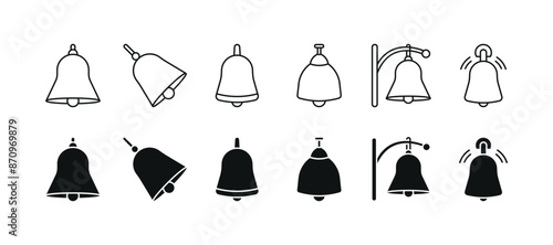 Simple minimalist black field and outline traditional bell icon set