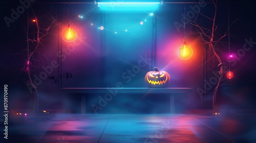 Spooky Halloween scene with eerie lights and a glowing jack-o'-lantern, perfect for Halloween themed designs and parties.