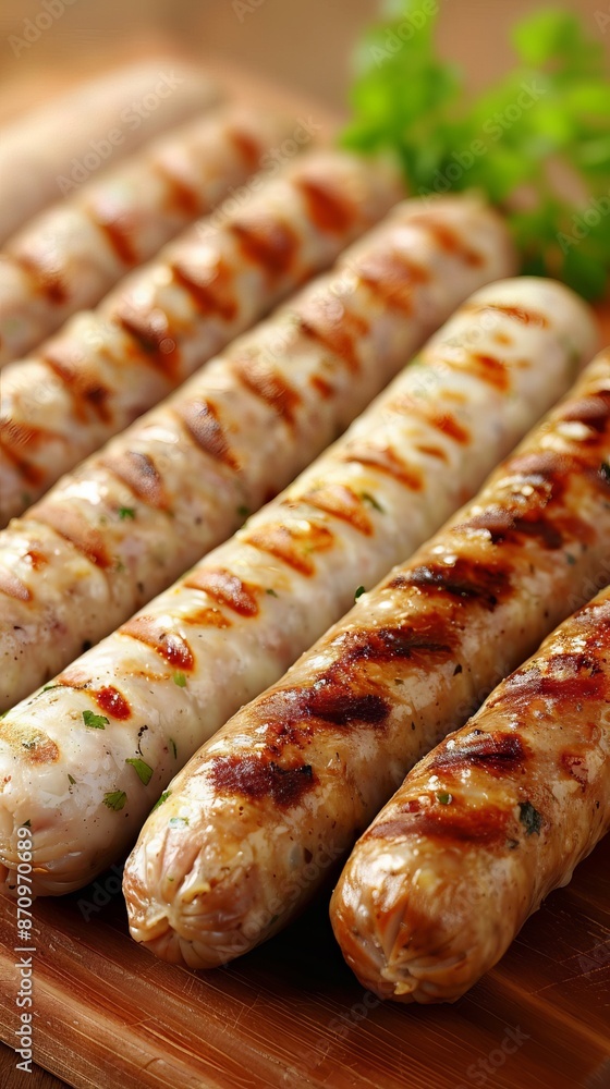 Grilled sausages on wooden board, delicious barbeque, food styling, meat lovers, concept