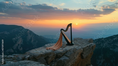 Harp on a cliff at sunset with a fabric draped over it, scenic view