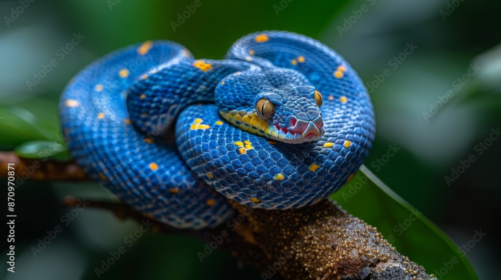 A pair of snakes coiled together on a branch, with detailed textures and a lush, green background A pair of snakes coiled together on a branch, with detailed textures and a lush, green background
