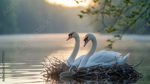 A pair of swans building a nest in a tranquil lake, with reflections in the water and soft morning light photo