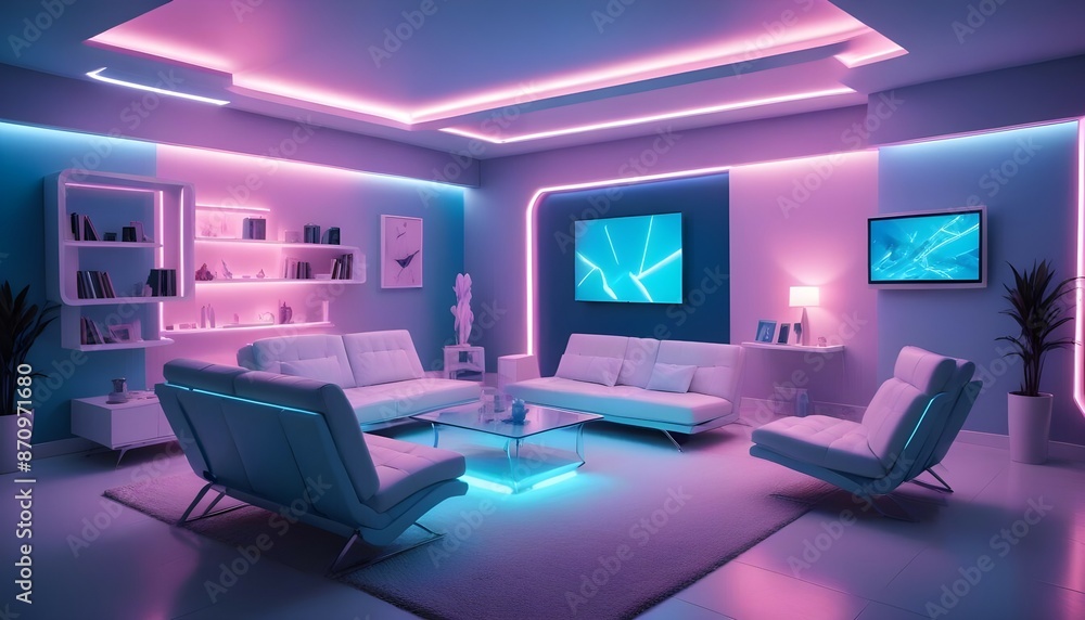 An isometric view of a futuristic living room with sleek, angular furniture, vibrant LED lighting, and gradient pastel walls, all captured in high definition. An isometric view of a futuristic living room with sleek, angular furniture, vibrant LED lighting, and gradient pastel walls, all captured in high definition.