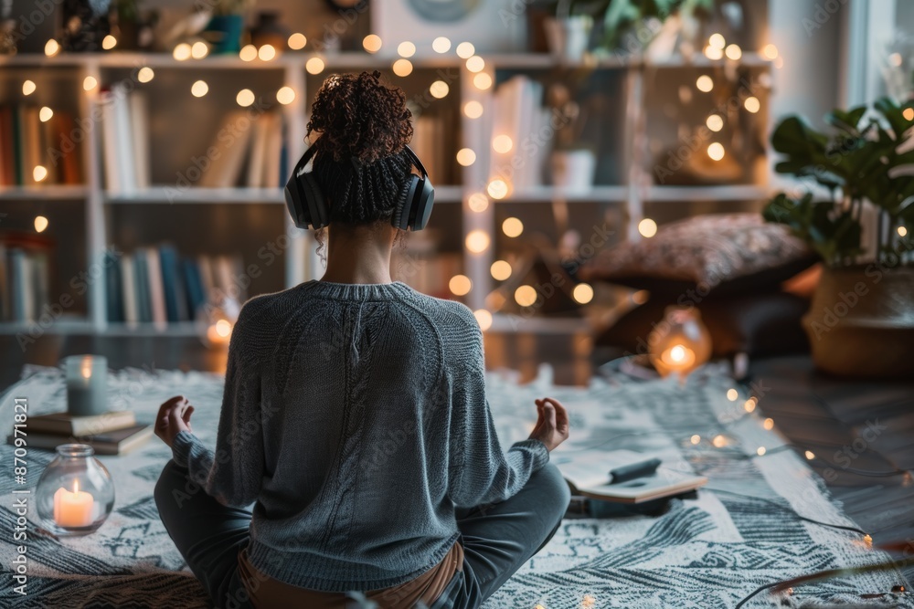 Guided Meditation Session with Headphones in Cozy Room Overlooking Wintery Landscape Guided Meditation Session with Headphones in Cozy Room Overlooking Wintery Landscape