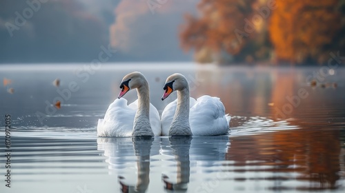 Fototapeta Naklejka Na Ścianę i Meble -  A pair of swans gliding gracefully on a calm lake, with reflections in the water and a picturesque background