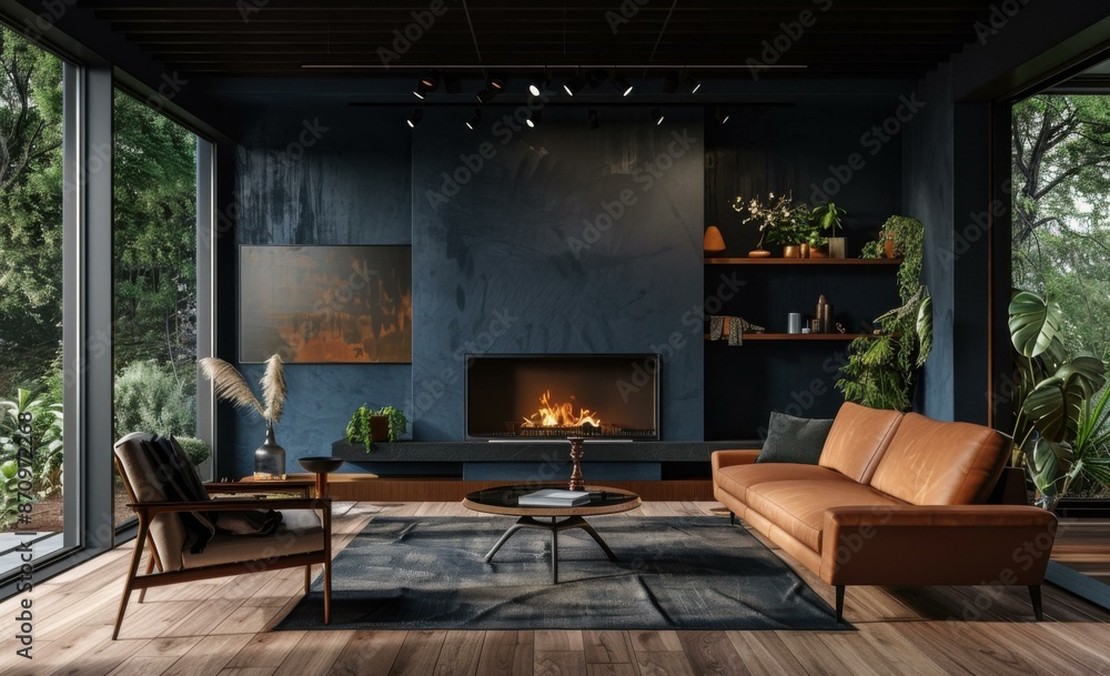 Fototapeta premium A living room with a fireplace, a sofa, and a rug. AI.