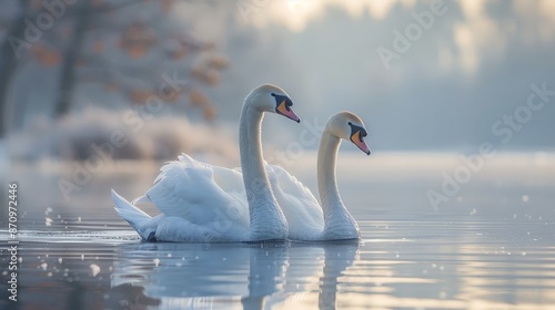 Fototapeta Naklejka Na Ścianę i Meble -  A pair of swans gliding gracefully on a calm lake, with reflections in the water and a picturesque background