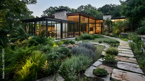 Contemporary house with a lush garden, blending native flora, a stone pathway, and a glass greenhouse © Pik_Lover