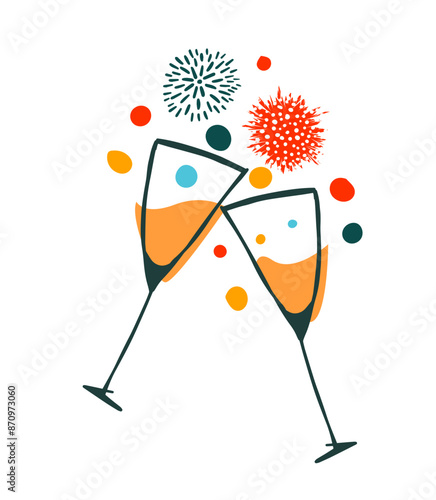 Drink in glass champagne object. Merry trendy holiday illustration. hand drawing. Not AI