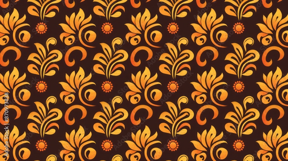 Ornate floral pattern with vibrant golden-orange swirls on brown. Ornate floral pattern with vibrant golden-orange swirls on brown.