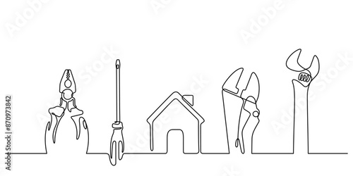working tools craftsman top view continuous line drawing