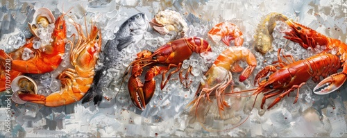Obraz na płótnie A row of seafood including shrimp, lobster, and scallops are displayed in a tray of ice. w salonie