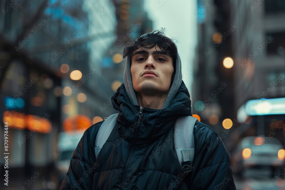 Young man in urban setting, intense gaze, wearing dark winter jacket and hoodie. Blurred city lights and buildings in background. Young man in urban setting, intense gaze, wearing dark winter jacket and hoodie. Blurred city lights and buildings in background.