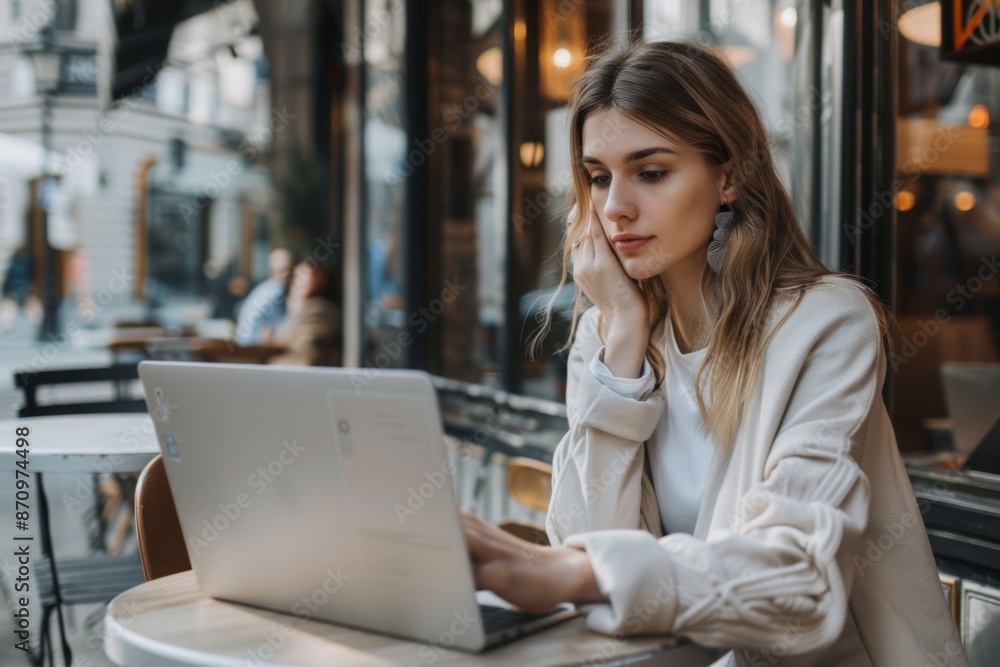 A young woman works on her laptop at an outdoor cafe, looking pensive. The urban setting creates a blend of work and leisure atmosphere. A young woman works on her laptop at an outdoor cafe, looking pensive. The urban setting creates a blend of work and leisure atmosphere.