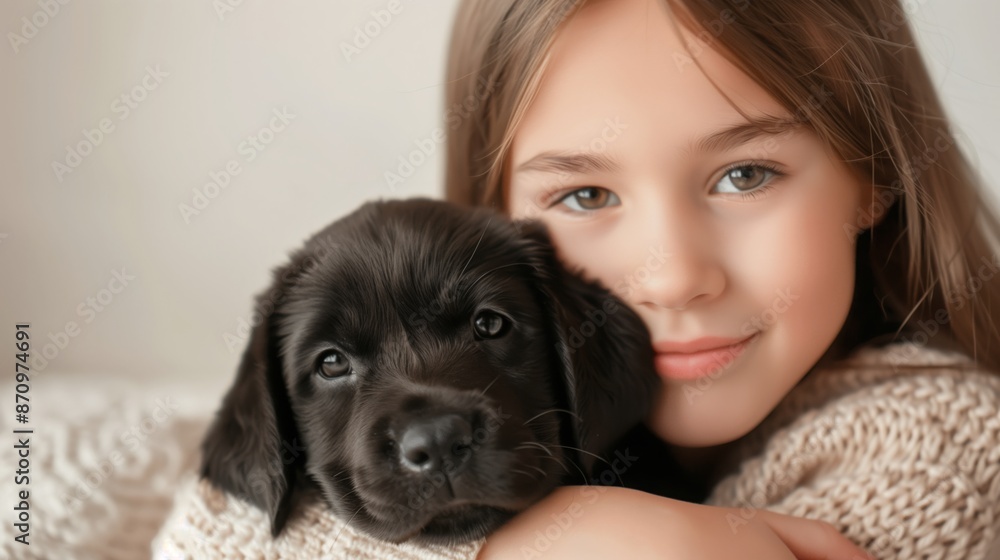 A young girl cuddles a black puppy close, both smiling sweetly A young girl cuddles a black puppy close, both smiling sweetly
