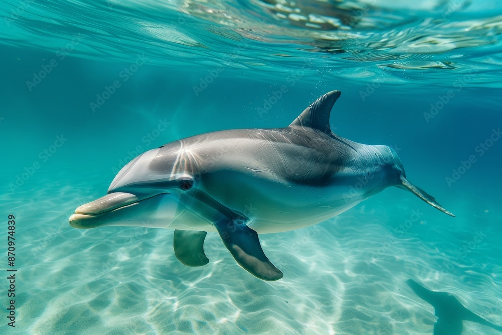 A bottlenose dolphin swims gracefully in crystal-clear turquoise waters, its sleek body and playful expression captured in stunning underwater detail. A bottlenose dolphin swims gracefully in crystal-clear turquoise waters, its sleek body and playful expression captured in stunning underwater detail.
