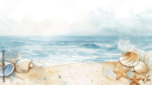 A serene watercolor beach scene with seashells and starfish on the sandy shore overlooking a calm ocean under a clear sky.