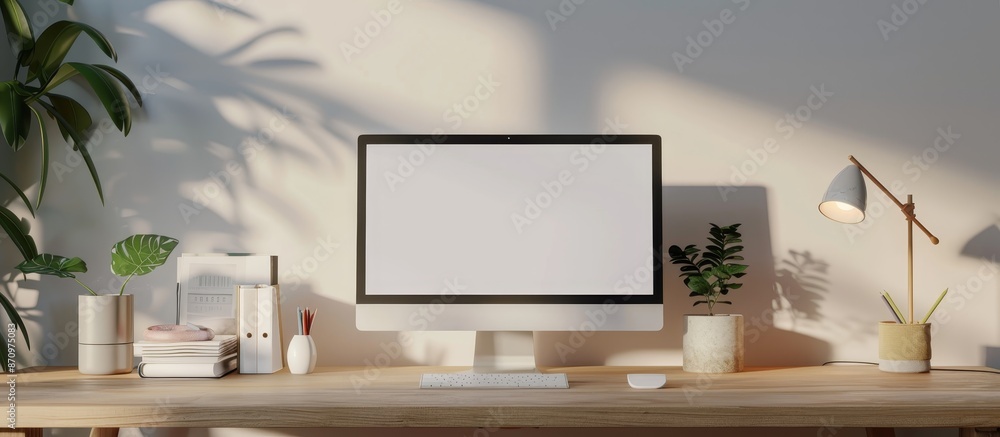 Obraz premium A computer monitor sits on a desk with a lamp and a potted plant by AI generated image