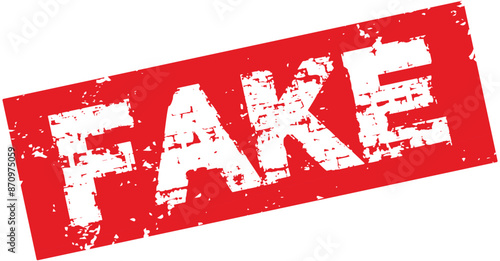Fake stamp design on white background. Grunge rubber stamp with word Fake in red. Flat design. Vector illustration