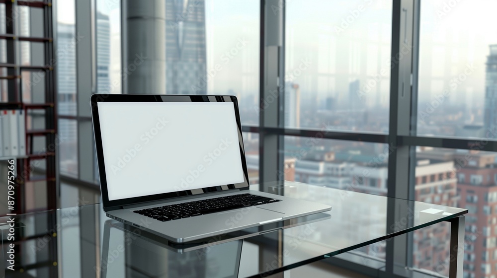 Blank tab screen on a high-end laptop, placed on a glass desk in a contemporary office with floor-to-ceiling windows offering a cityscape view Blank tab screen on a high-end laptop, placed on a glass desk in a contemporary office with floor-to-ceiling windows offering a cityscape view