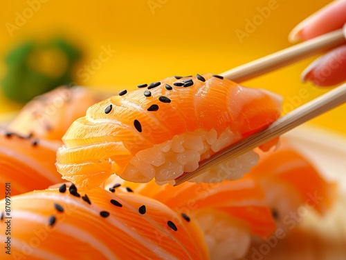 A woman's hand holds chopsticks in which she has a piece of salmon nigiri sushi, close up detail, vibrant yellow background