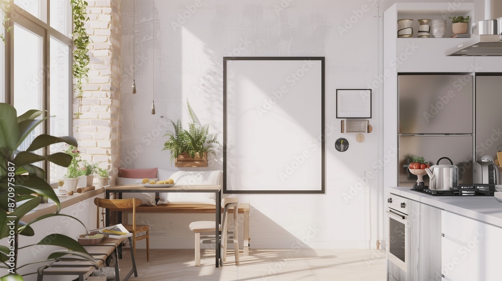 Bright kitchen with a blank poster frame on a clean, white wall, modern appliances, and a cozy breakfast nook, filled with natural light. Bright kitchen with a blank poster frame on a clean, white wall, modern appliances, and a cozy breakfast nook, filled with natural light.