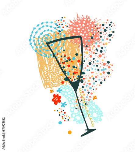 Drink in glass champagne object. Merry trendy holiday illustration. hand drawing. Not AI