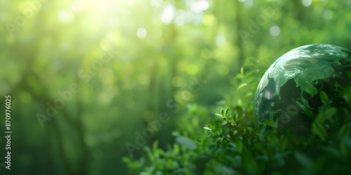 Embrace Earth Day with a vibrant green planet in a lush forest setting. Concept Earth Day, Green Planet, Forest Setting, Environmental Awareness, Nature Conservation photo