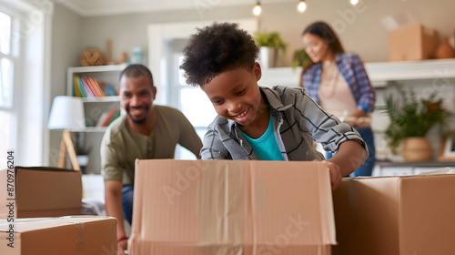 Family packing boxes in a living room with children helping