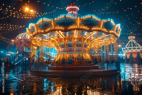 A brightly lit carousel at night, glowing with colorful lights and inviting fun and excitement. © Asif