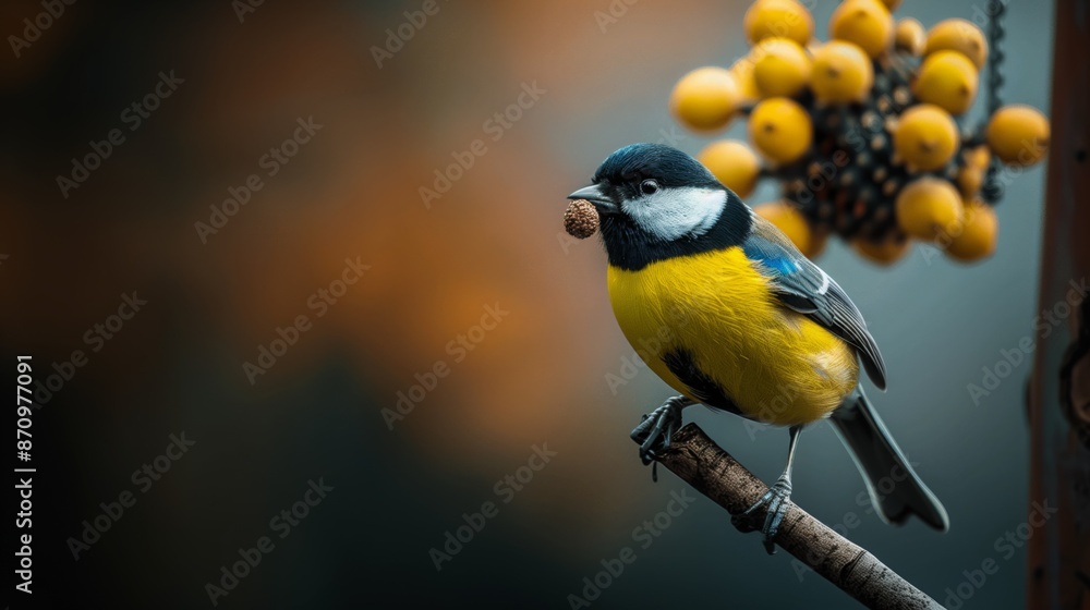 Obraz premium Yellow bird with black & blue accents on branch, eating from feeder
