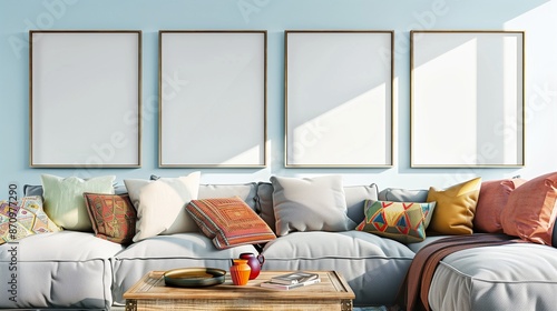 Cozy living room featuring three blank poster frames on a light blue wall, a comfy couch with colorful throw pillows, and a wooden coffee table, with sunlight streaming in.